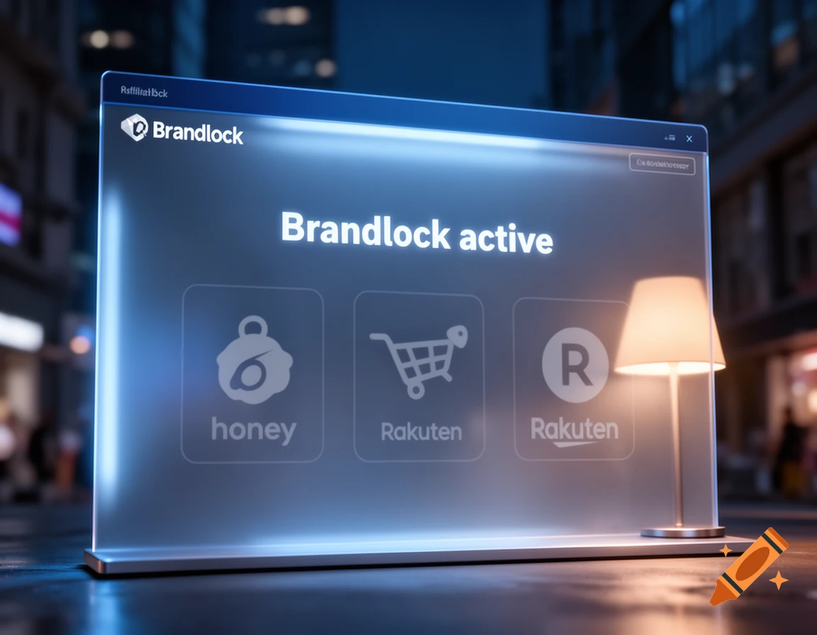 Holographic screen displaying a 'Brandlock active' interface with app icons for Honey and Rakuten, set on a city street at night.