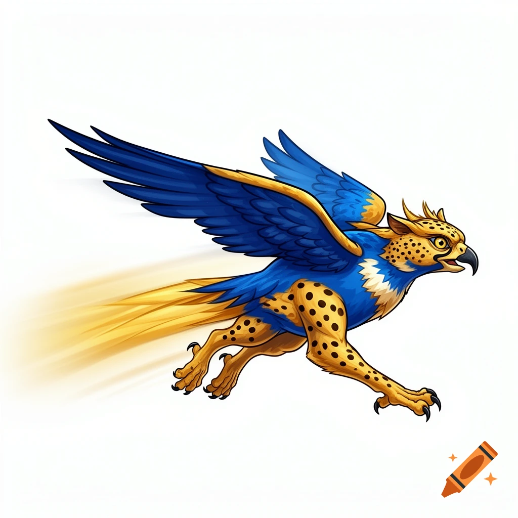 A stylized blue-winged peregrine falcon and cheetah hybrid with golden accents, spots, and speed lines, running to the right.