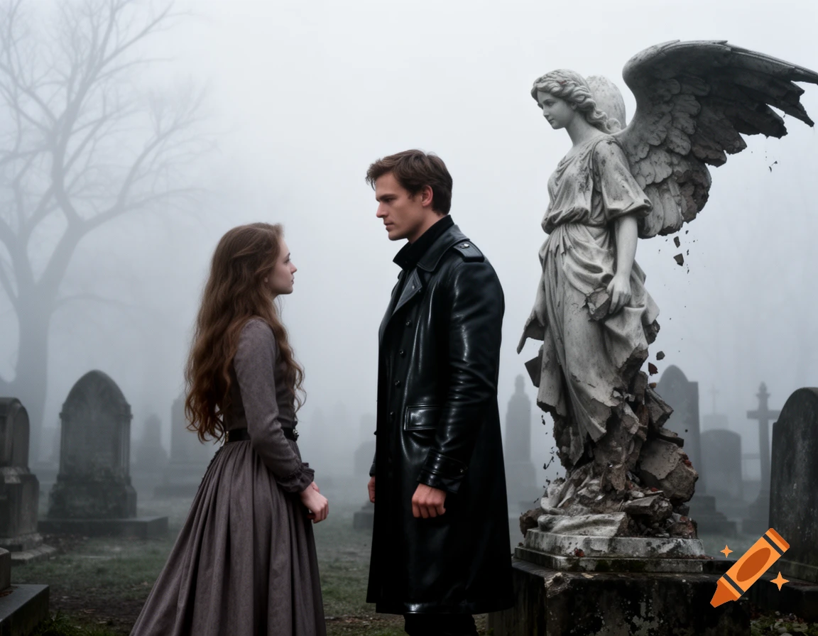 A woman and man in a black coat meet in a foggy Gothic cemetery with a crumbling angel statue, evoking a mystical, romantic atmosphere.