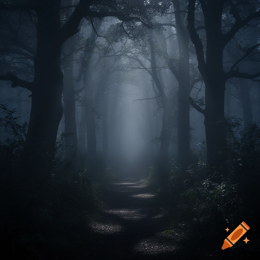 A dark, foggy forest path illuminated by a beam of light, creating an eerie and mysterious atmosphere.
