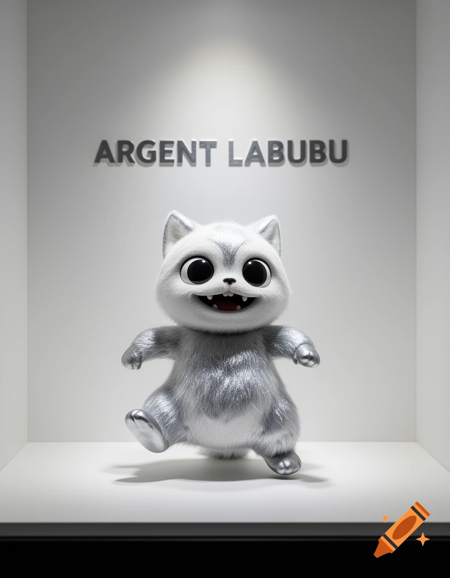 A cute, fluffy silver and white cat-like creature with big eyes and a smile stands in a white display case with 'ARGENT LABUBU' on the wall.