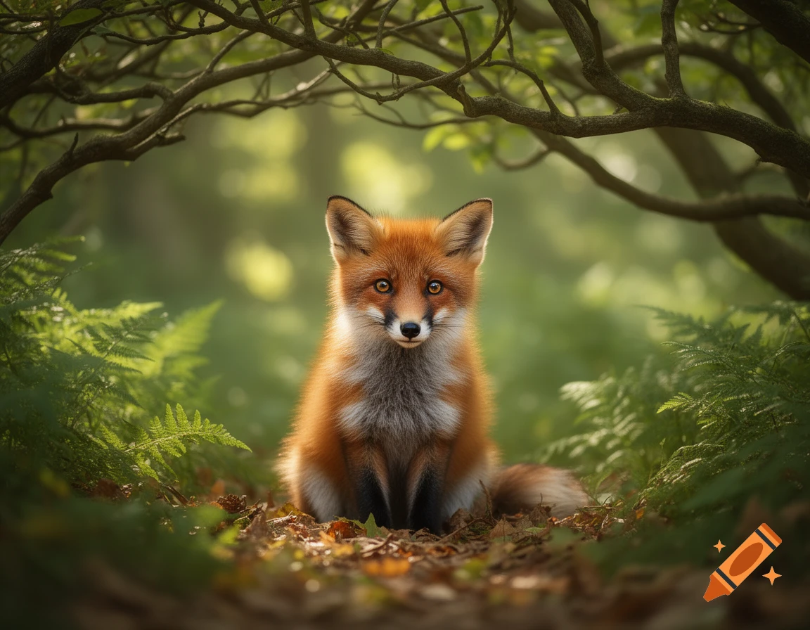 A small, fluffy red fox sits in a sunlit forest clearing, looking ...