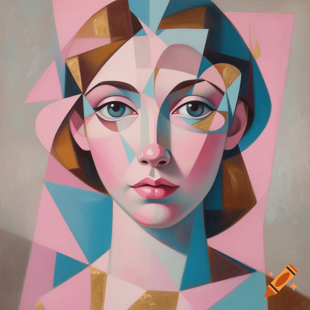 Cubist portrait of a young woman with geometric shapes in pink, blue, and gold.