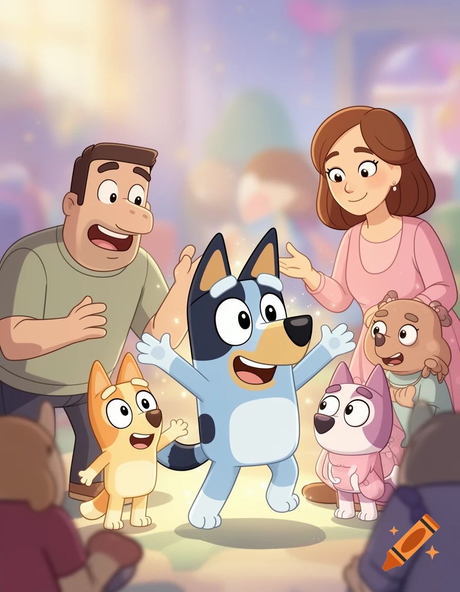Bluey, Bingo, and other cartoon dogs with two smiling human adults in a soft-focus, vibrant cartoon setting.