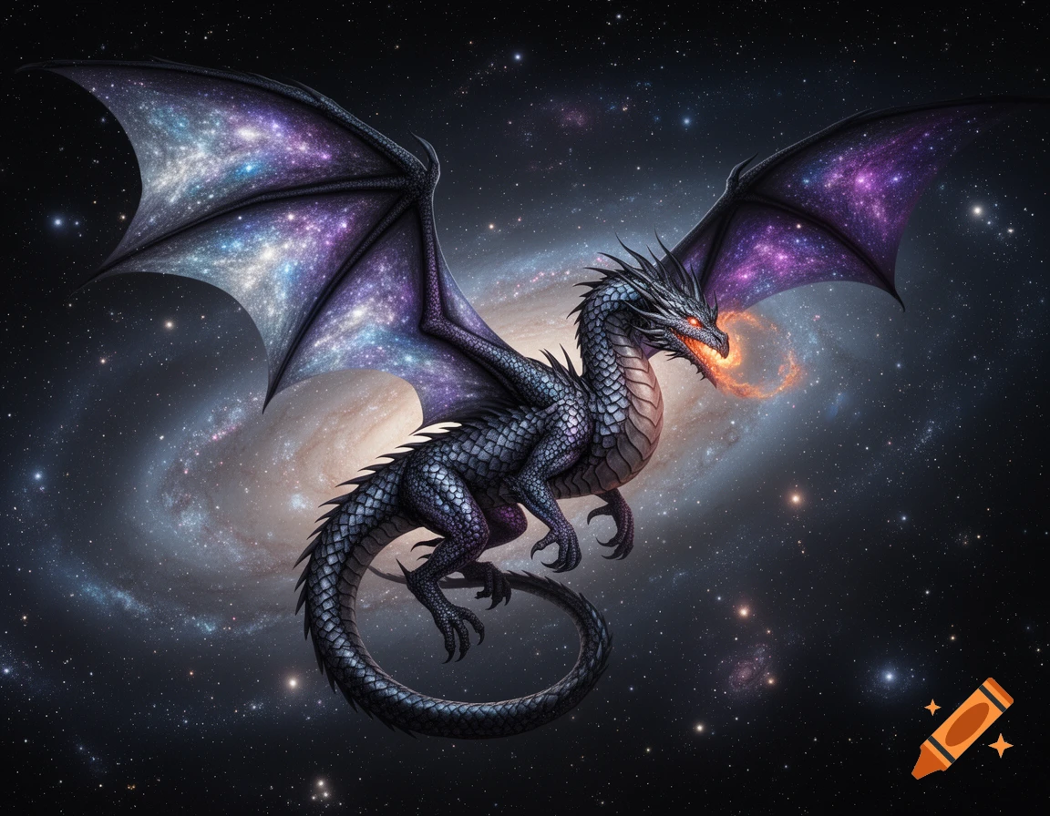 A detailed dark dragon with glowing red eyes and cosmic, purple-tinged ...