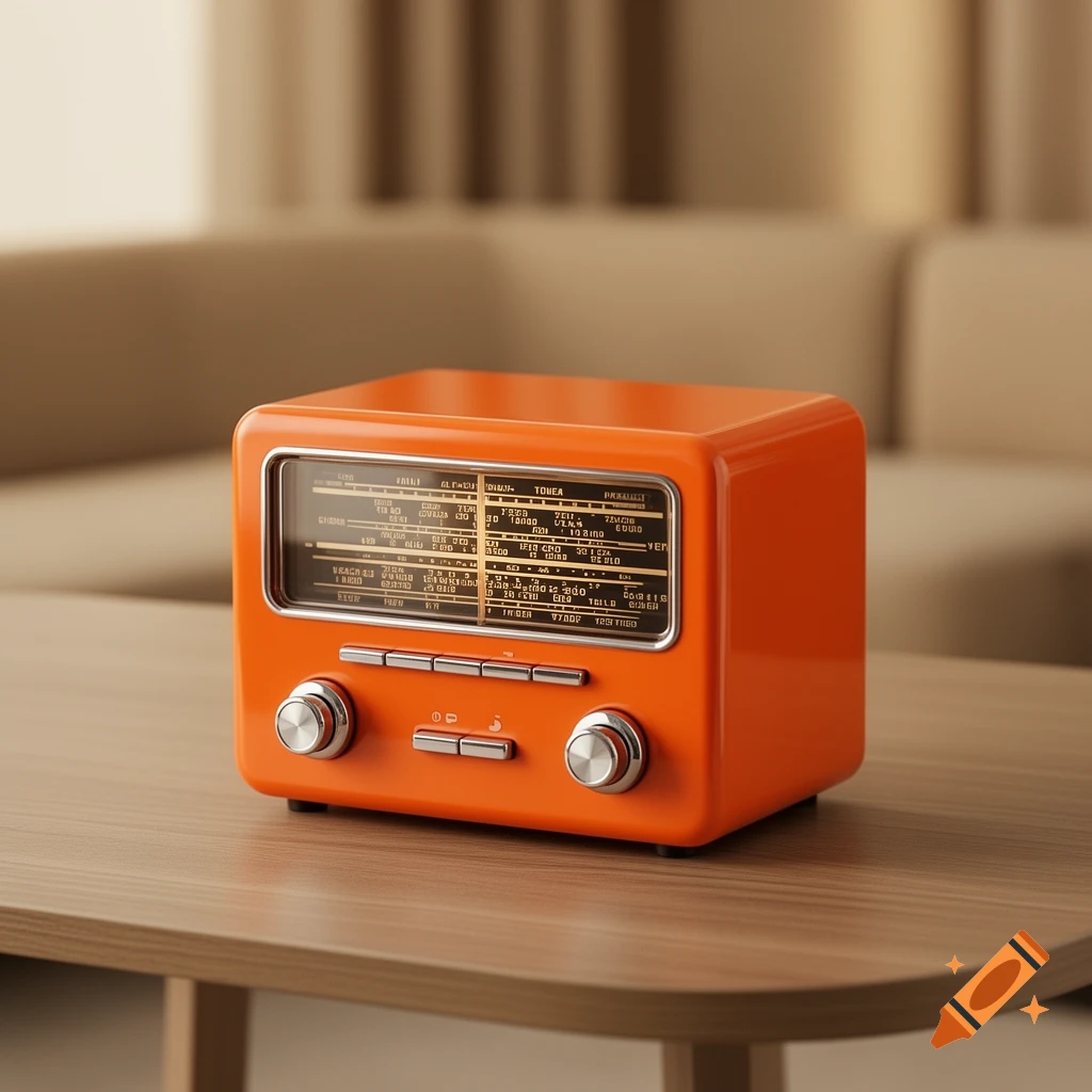 A retro-style orange radio with chrome accents sits on a wooden table, with a blurred beige sofa in the background.