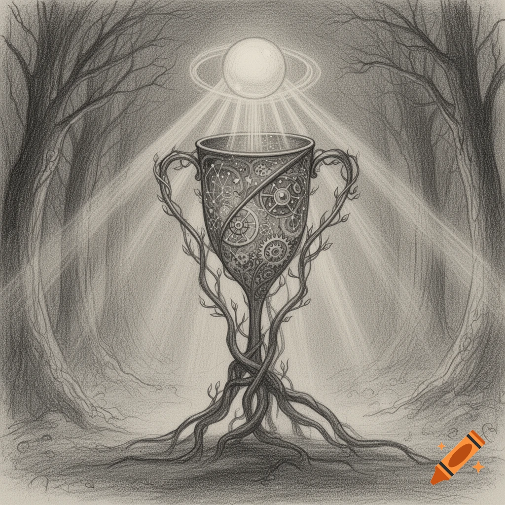 A surreal pencil sketch of an ornate trophy with clockwork and constellation designs, rooted in a forest and lit by a ringed planet.