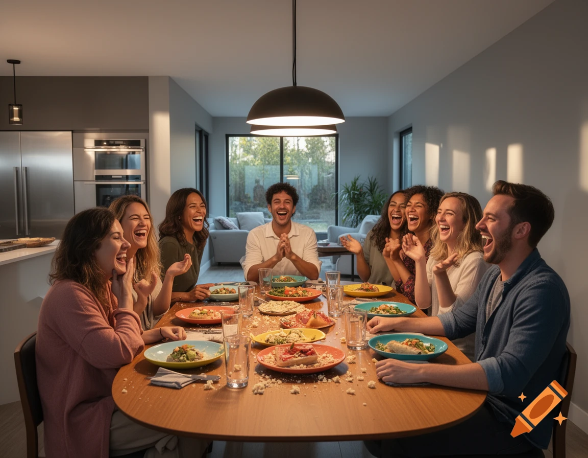 Diverse friends laughing while gathered around a round dining table with food in a modern home.