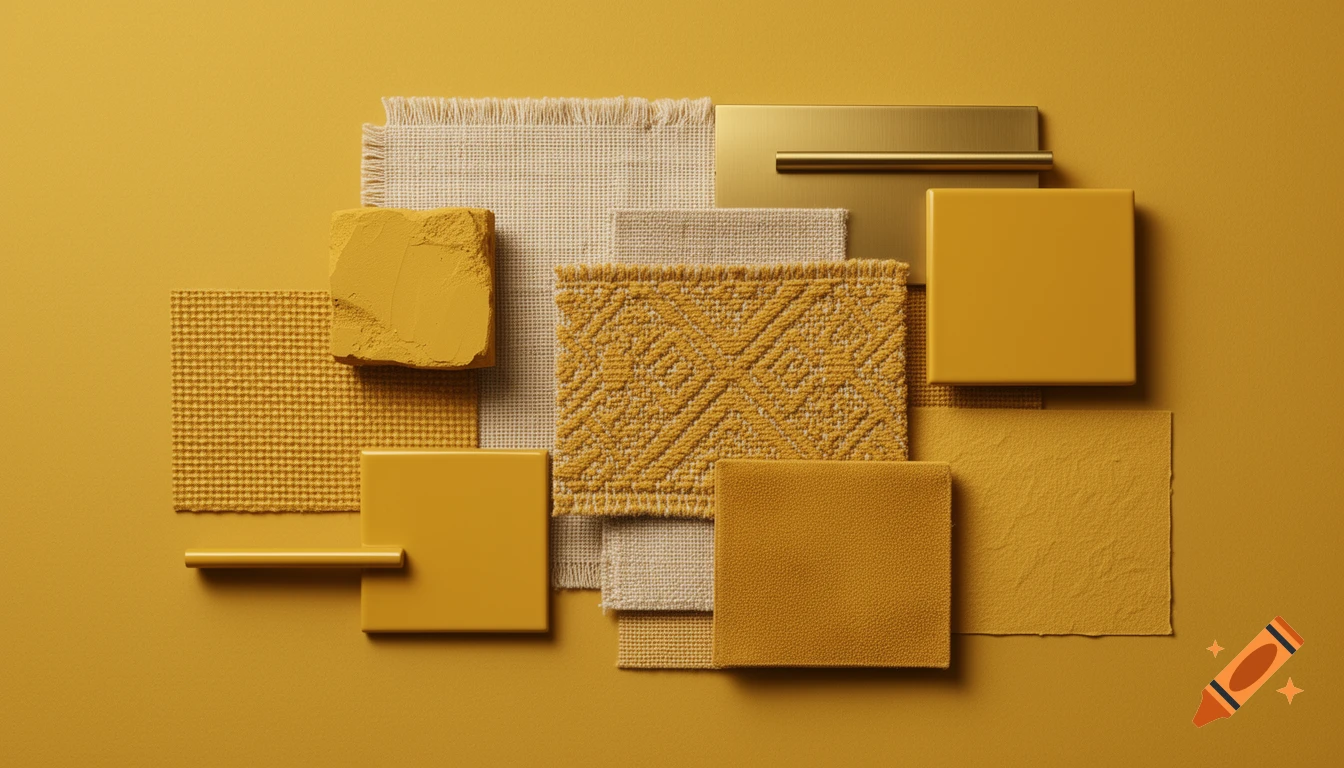 Flat lay of a mustard yellow material mood board, featuring various textures like fabric, ceramic tile, and brushed metal.
