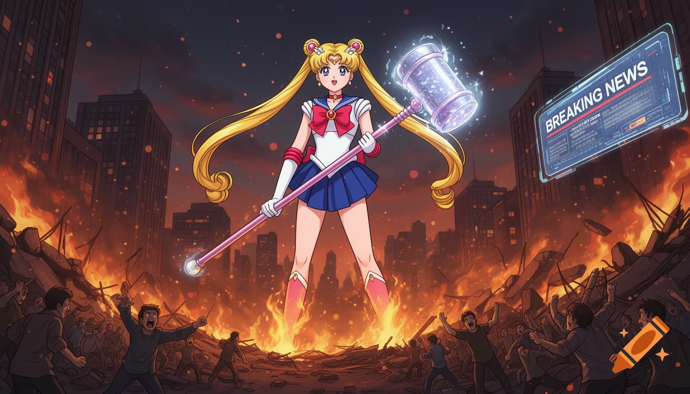 A giant anime character resembling Sailor Moon wields a glowing hammer in a burning, destroyed city with panicking crowds and a holographic "BREAKING NEWS" screen.
