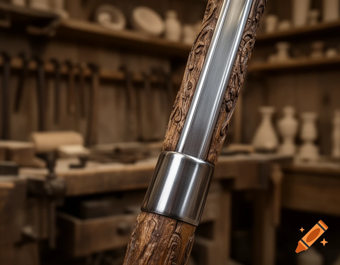 Close-up of a finely carved wooden staff or handle with a polished steel strip and cap, in a blurred workshop.
