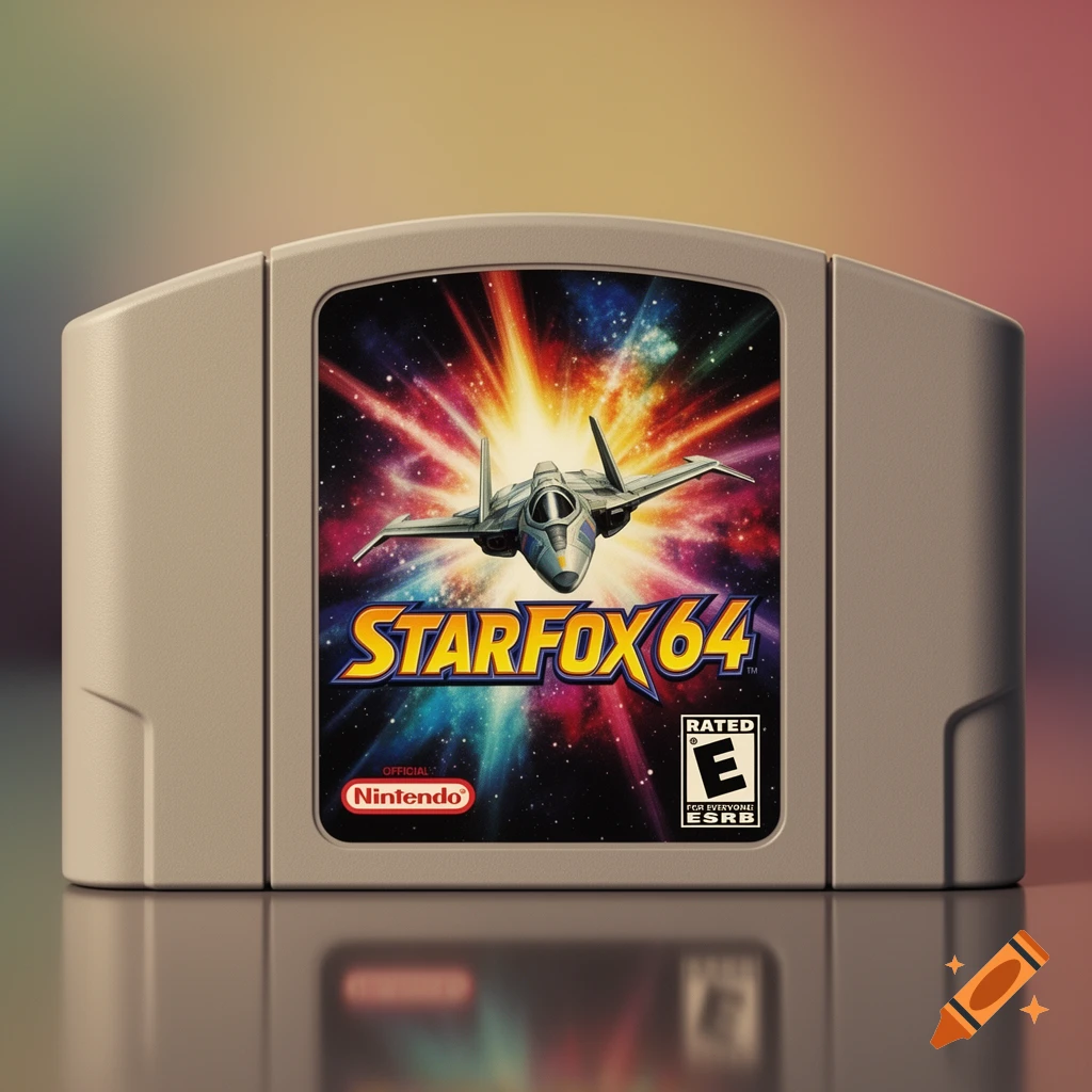 A realistic Nintendo 64 game cartridge for Star Fox 64, featuring the game's logo, a spaceship, and an 'E' rating.