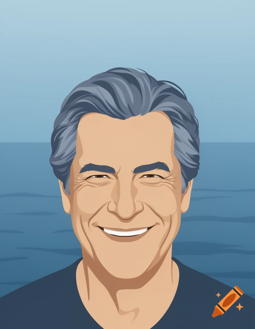 Vector art portrait of a smiling older man with grey hair against a blue background.