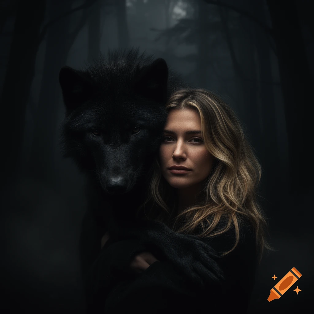 A young woman with blonde hair stands next to a large black wolf in a ...