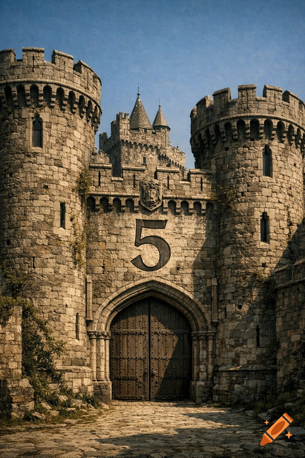 Photorealistic view of a grand medieval castle with two large stone ...