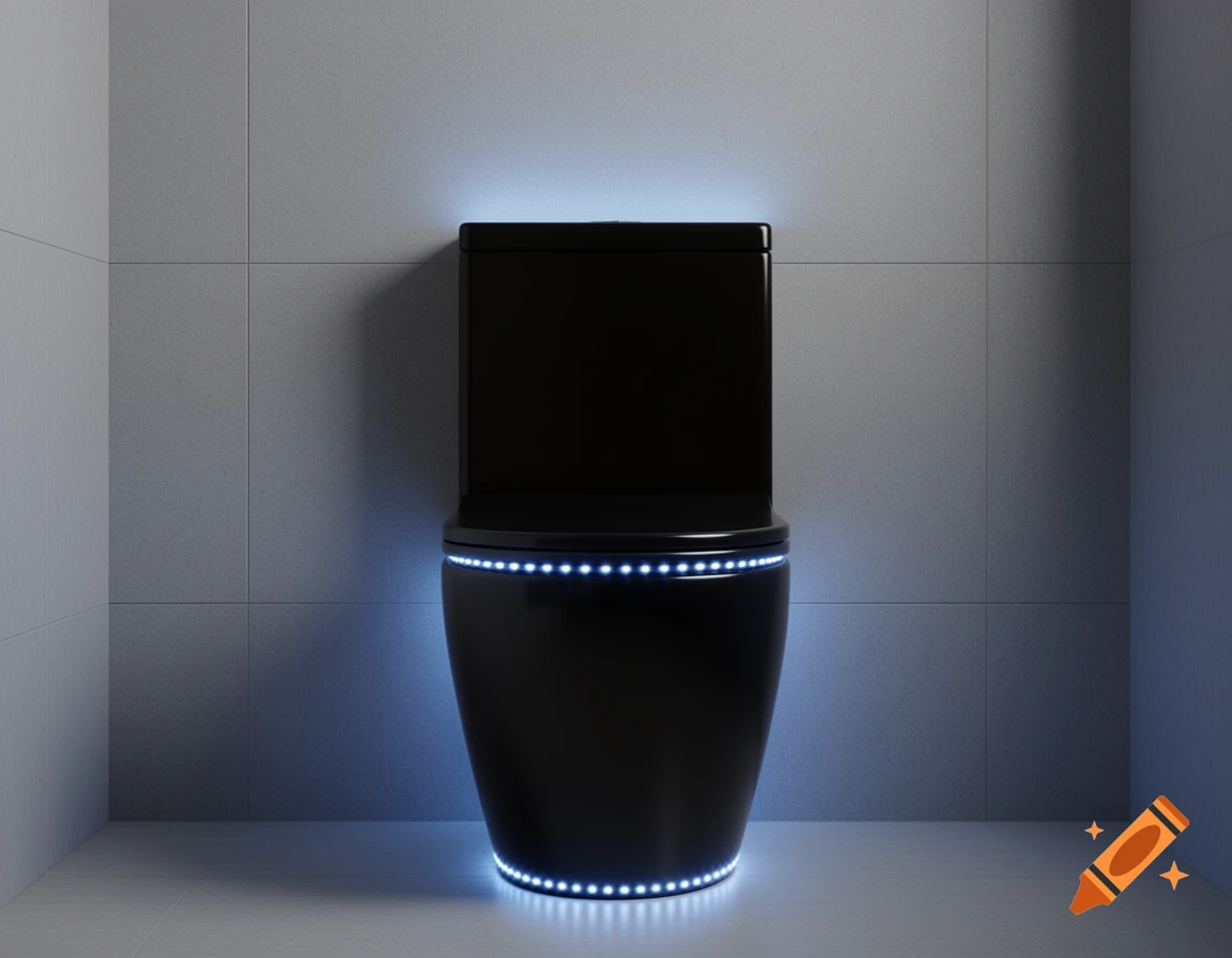 A modern black toilet with blue LED lights around its base and tank, set against a tiled wall.