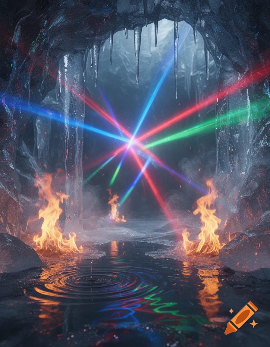 A vibrant ice cave illuminated by intersecting red, blue, and green laser beams, with small fires burning on the icy ground and water dripping.