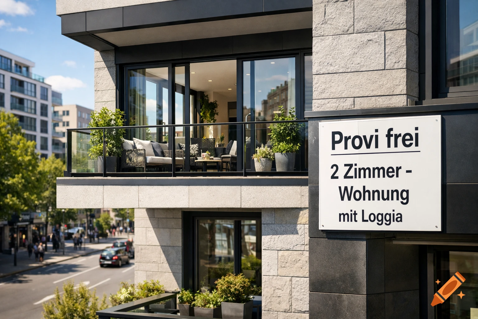 Modern apartment building with a balcony, outdoor furniture, and a 'Provi frei' sign, overlooking a bustling city street.