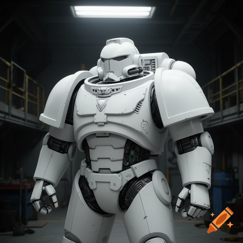 A white Warhammer 40k power armor suit stands in a dimly lit industrial workshop.
