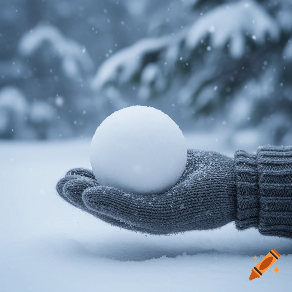A close-up of a hand wearing a grey knitted glove holding a perfectly round white snowball in a snowy winter landscape.