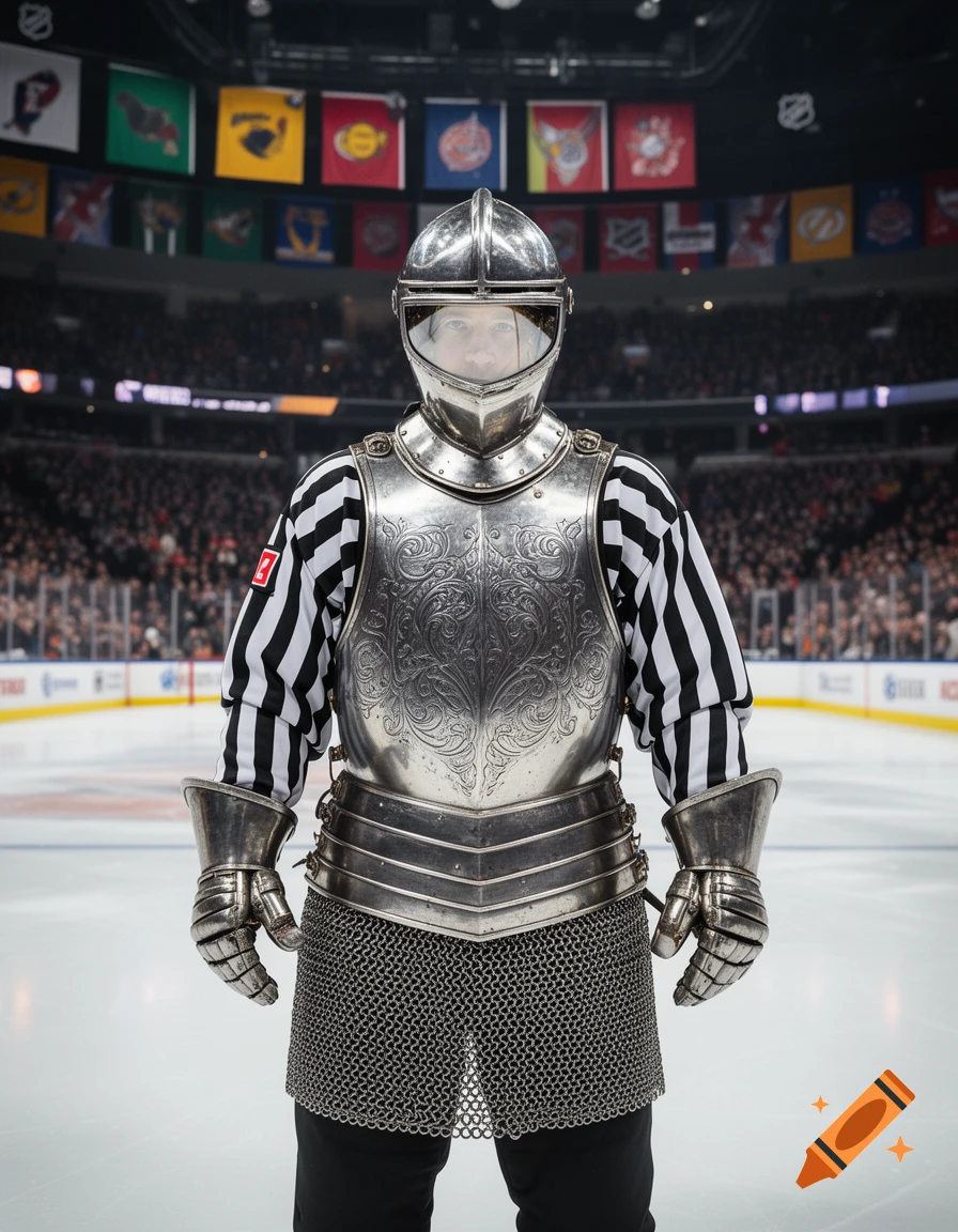 A figure in knight armor and a referee shirt stands on a hockey rink in a crowded arena with banners.
