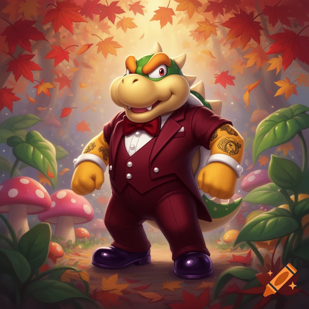 Roy Koopa in a dark red tuxedo and dark purple shoes, with tattooed arms, standing in an autumn forest surrounded by red leaves and mushrooms.