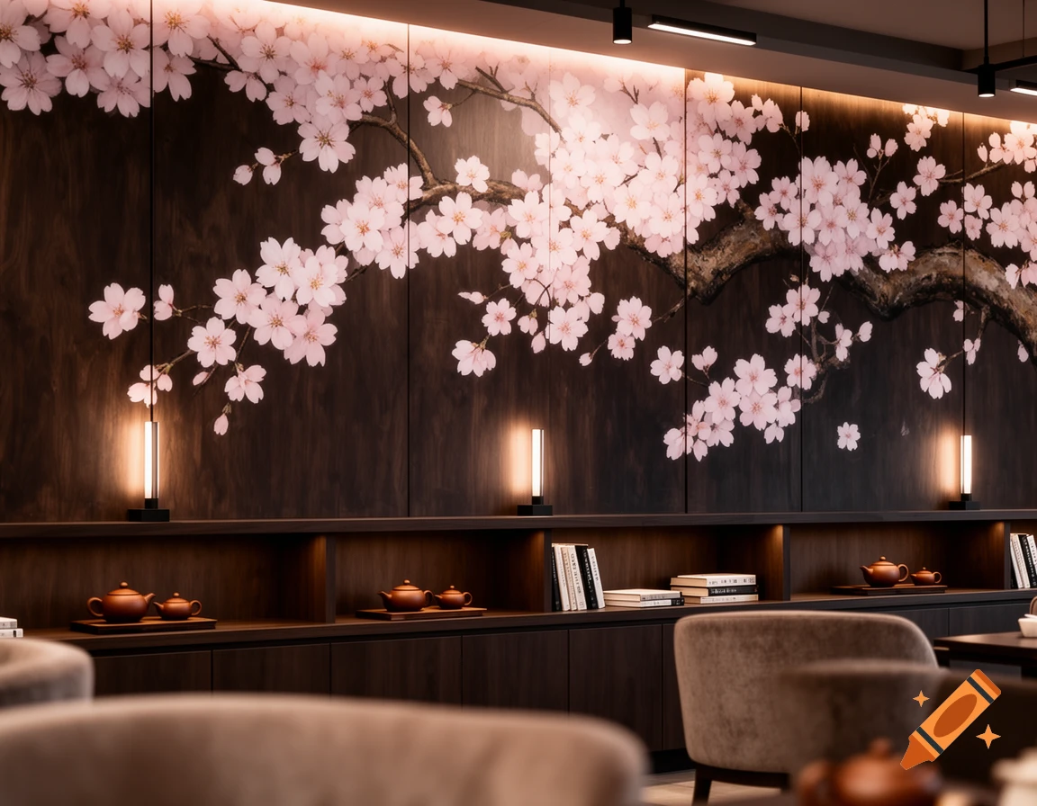 An elegant cafe interior with a dark wooden wall featuring a large, artistic mural of pink cherry blossoms. Shelves hold books and teapots.