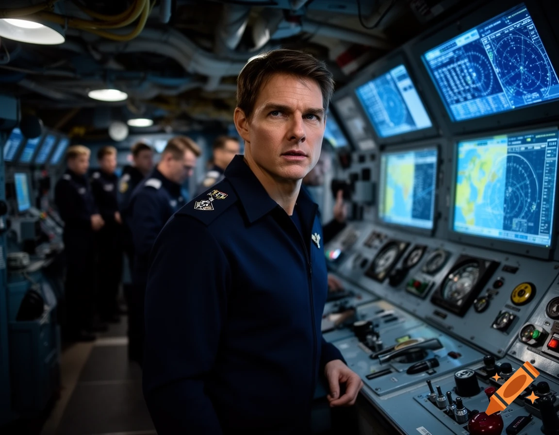 Tom Cruise in a navy uniform stands in a submarine control room, looking forward, with crew members and illuminated screens in the background.