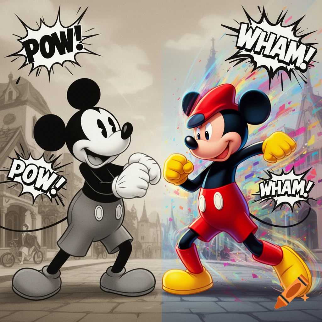 A split image shows classic black and white Mickey Mouse and modern colorful Mickey Mouse in fighting stances with comic book sound effects.