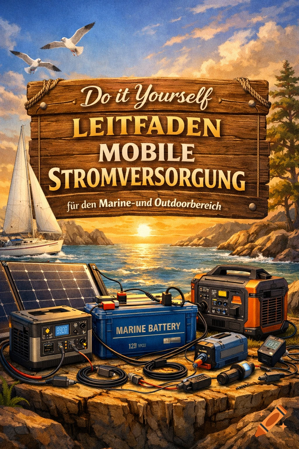 A wooden sign with text about mobile power supply for marine and outdoor use, surrounded by solar panels, batteries, and electrical equipment by the sea at sunset.