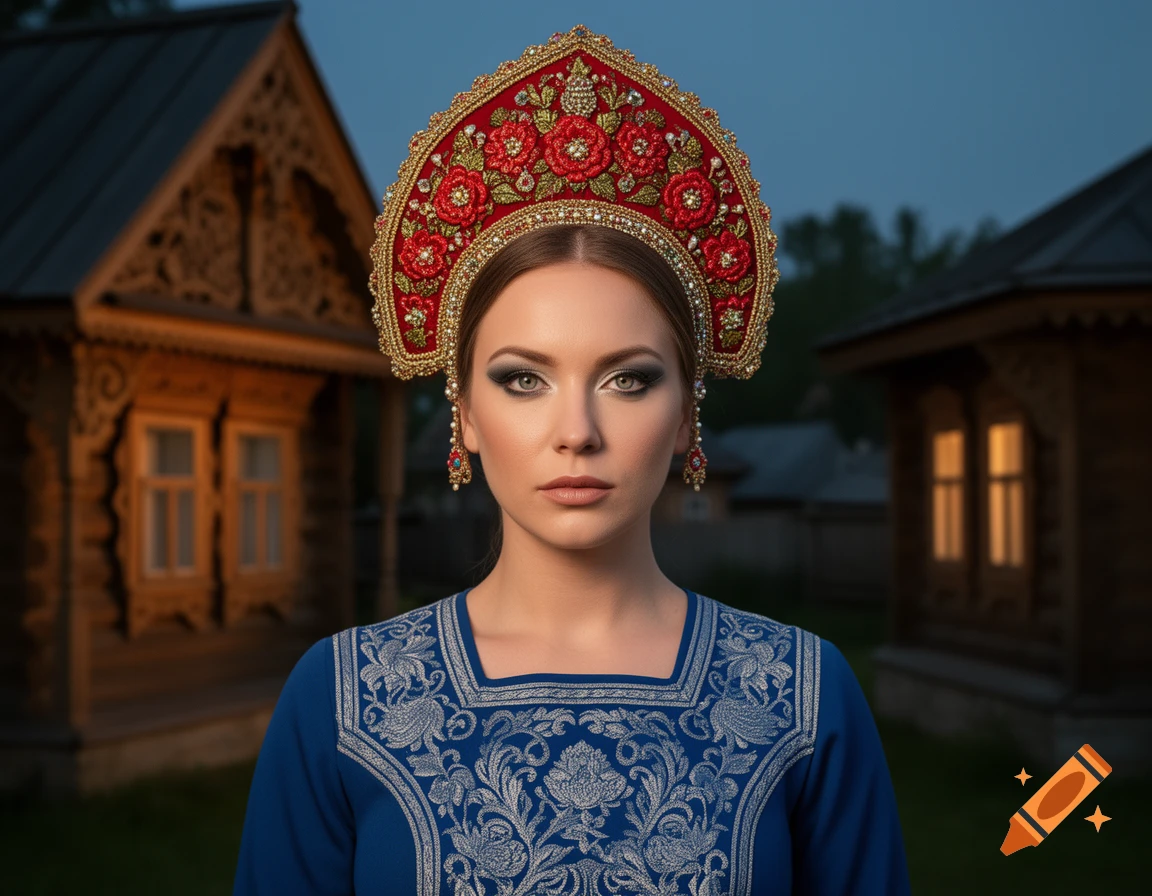 A woman with a serious expression wears an elaborate red and gold kokoshnik and a blue dress with silver embroidery, standing in front of traditional wooden houses.