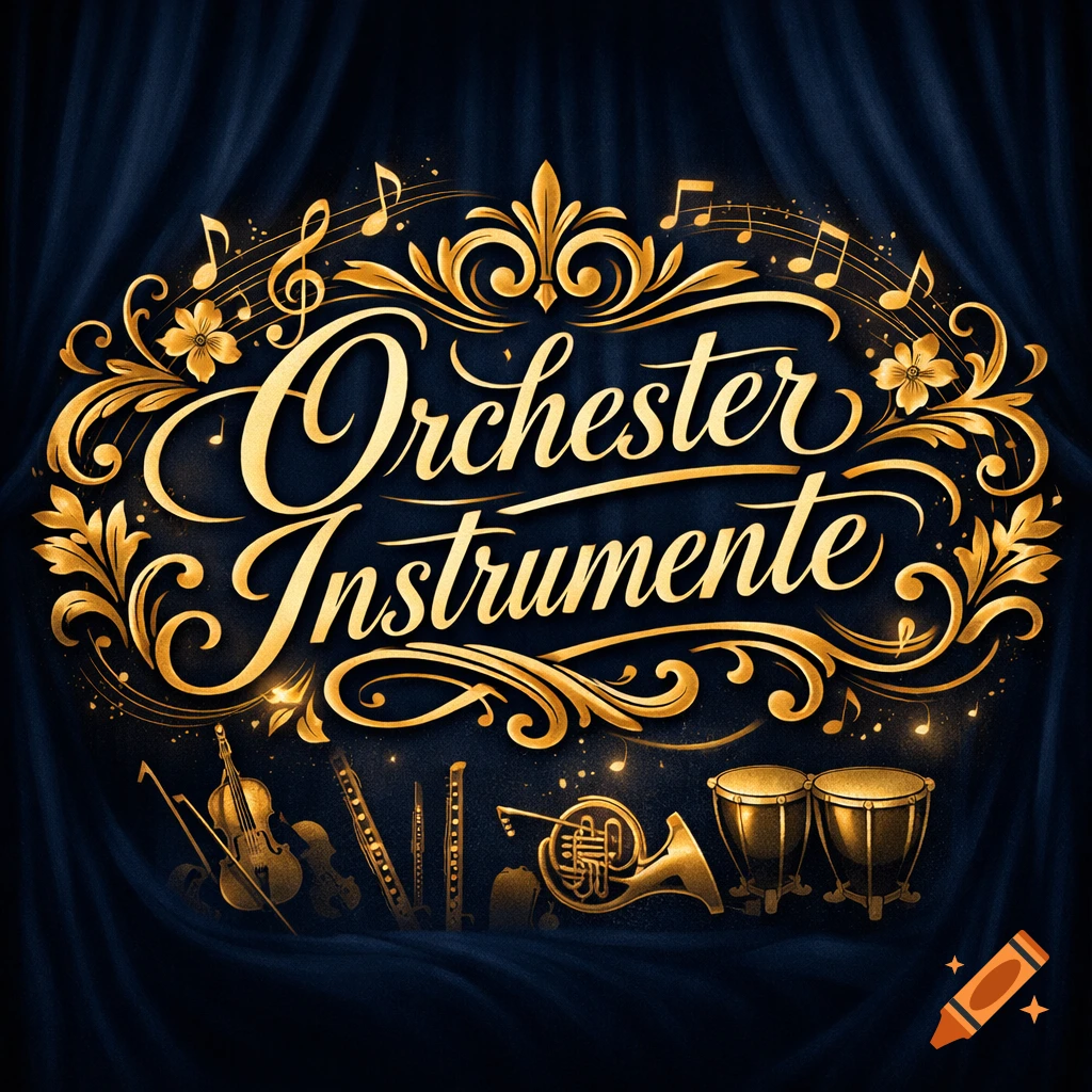Golden ornate logo with "Orchester Instrumente" text, musical notes, and silhouettes of various instruments on a blue curtain background.