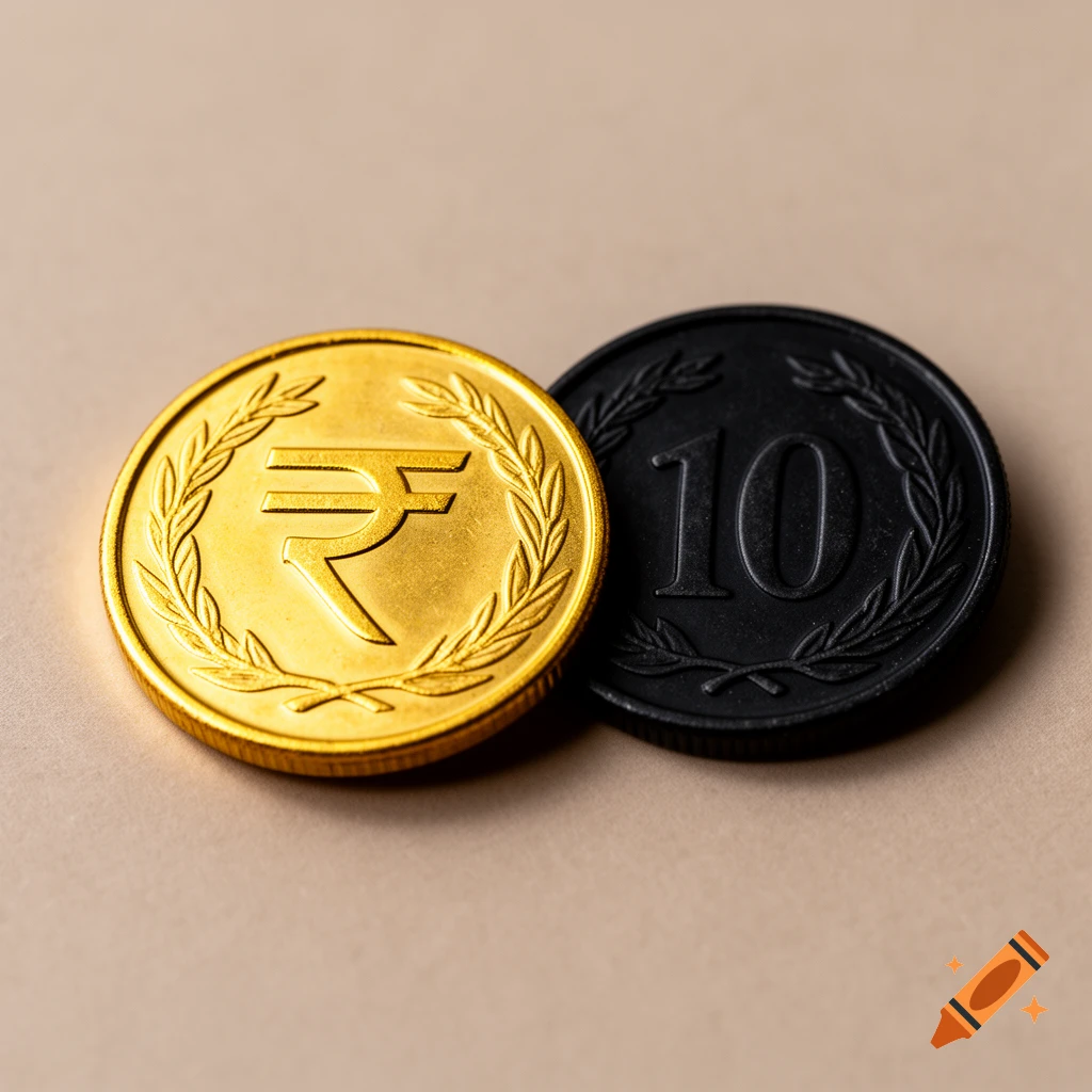 A close-up of a gold Indian Rupee symbol coin and a black coin with the number 10, both featuring a laurel wreath design.