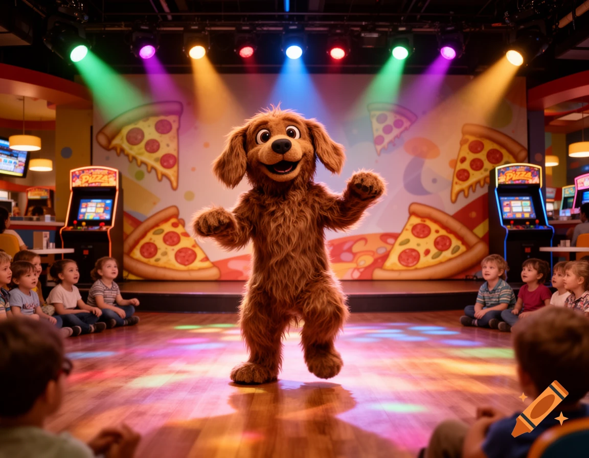 A brown animatronic dog mascot performs on a colorful stage for children sitting on the floor in a pizza parlor arcade.