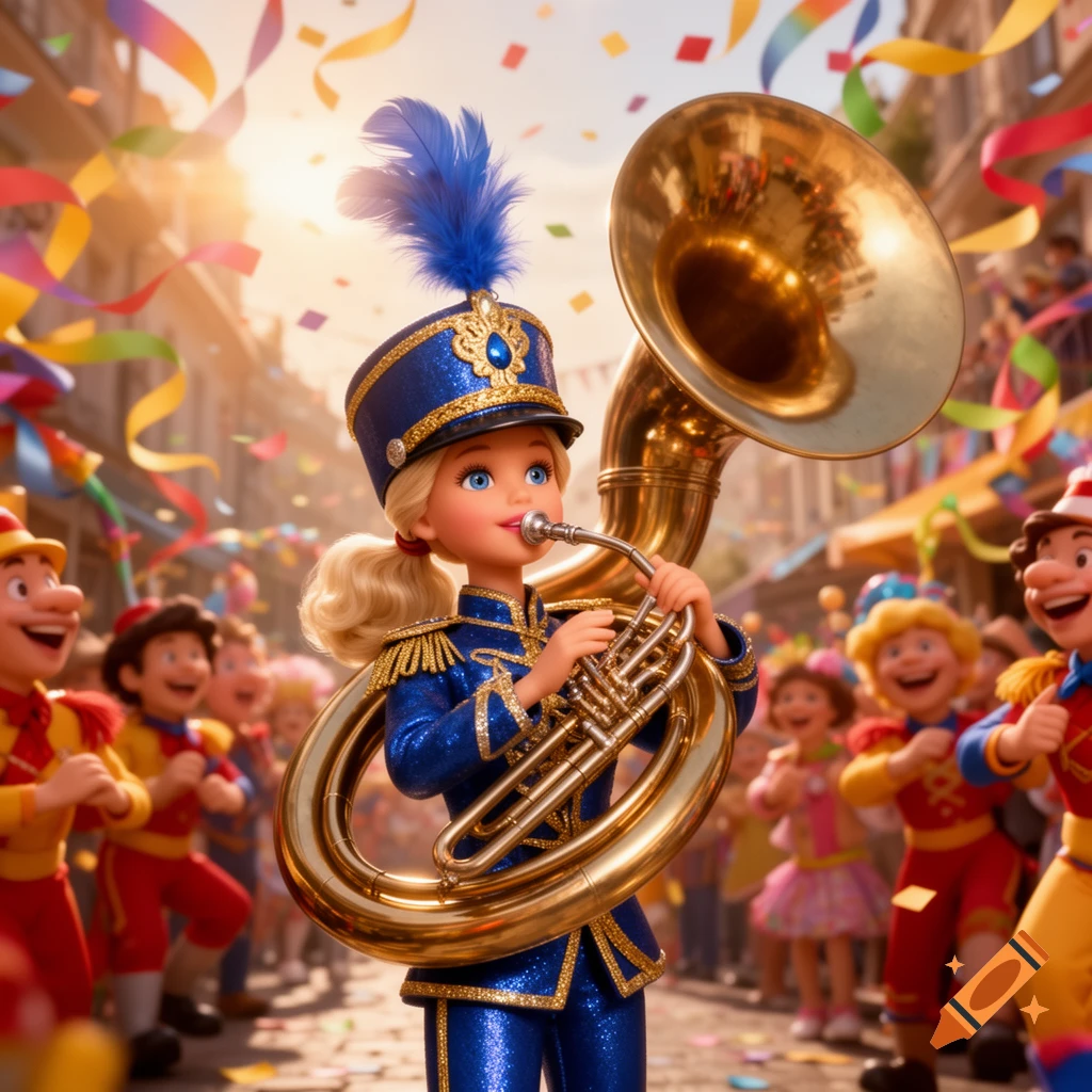 A Barbie-like doll in a blue majorette uniform plays a bronze sousaphone during a festive parade with confetti.