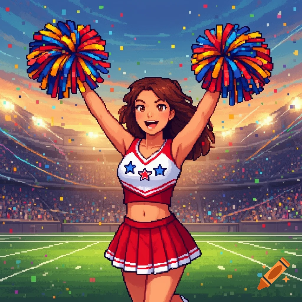 Pixel art of a smiling cheerleader in a red and white uniform, holding pompoms high in a stadium with confetti falling.