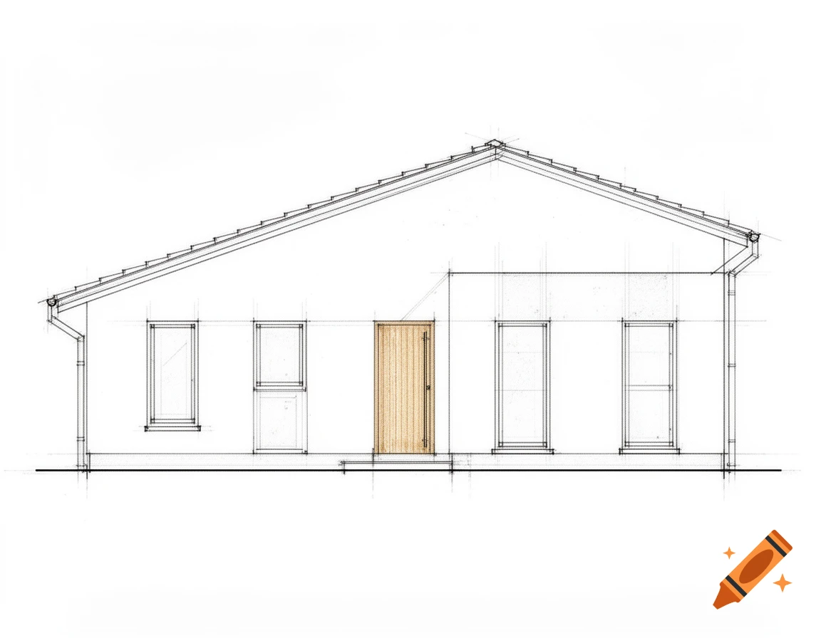 Technical sketch of a modern house facade with a pitched roof, rectangular windows, and a wooden door on a white background.