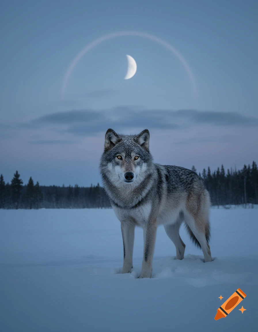 A majestic grey wolf stands in a snowy winter landscape under a crescent moon and a faint arc in the blue twilight sky.
