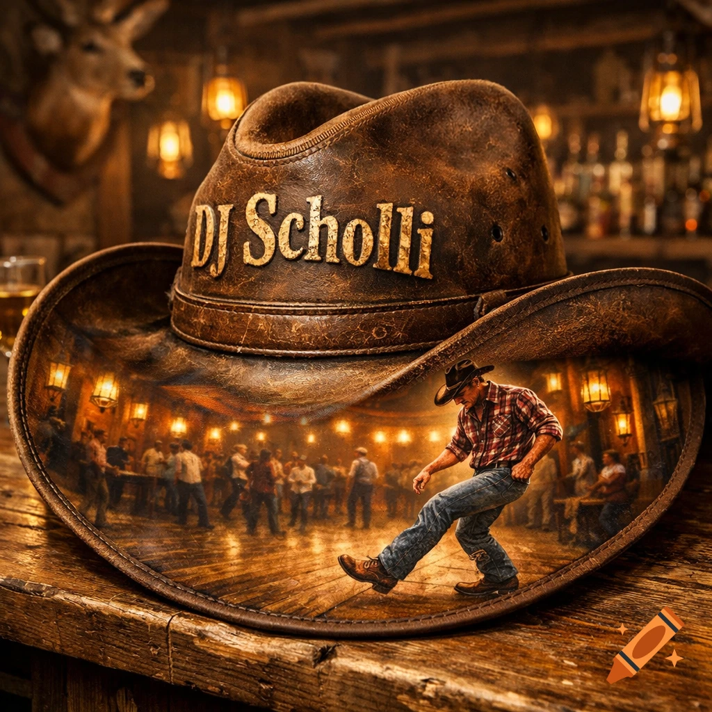 A large brown cowboy hat with 'DJ Scholli' embossed on it sits on a wooden bar. Inside the hat's brim, a linedancer performs in a lively, warmly lit saloon.