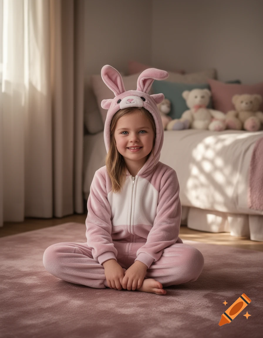 A smiling young girl in a pink and white bunny onesie sits cross-legged on a rug in a sunlit bedroom.