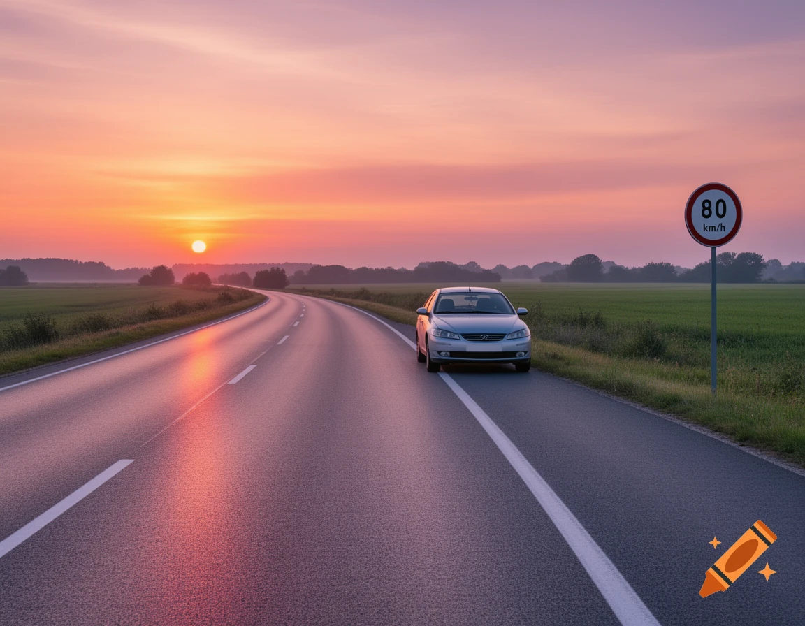 A silver car parked on the shoulder of a winding road at sunset, with a speed limit sign for 80 km/h. Fields line the road.