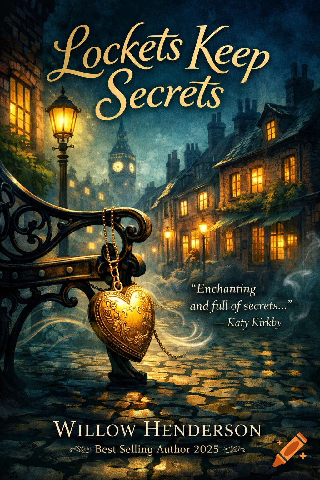 A golden heart locket hangs from an ornate bench on a dark, wet Victorian street with a glowing gas lamp and buildings under a clock tower.