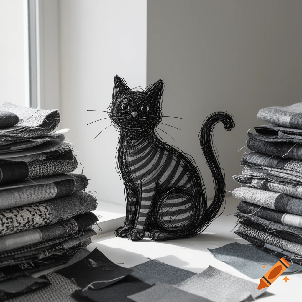 A scribble-style black cat with gray stripes sits on a windowsill surrounded by piles of craft fabrics.