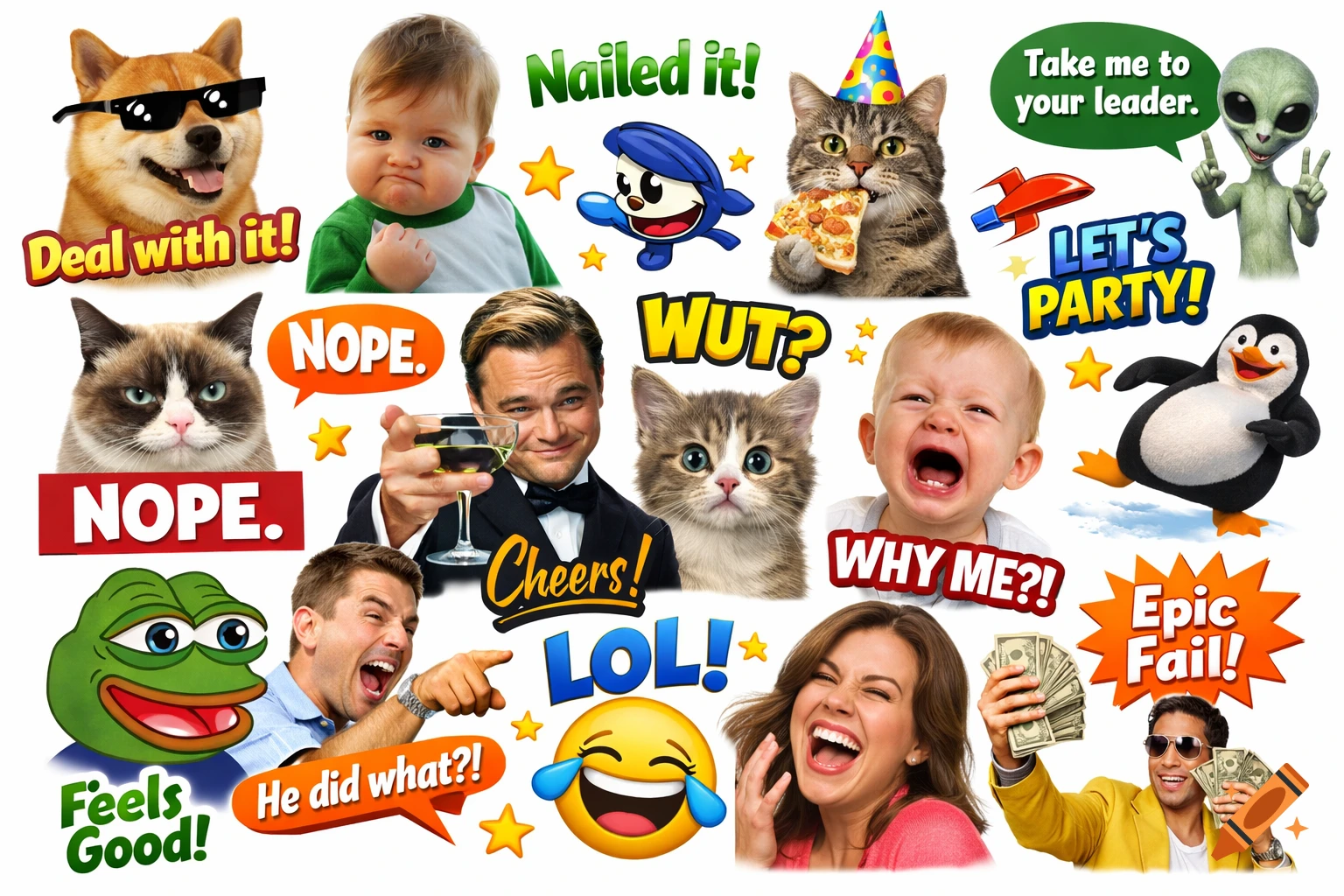 A collage of popular internet memes and reaction images, including a dog with sunglasses, Grumpy Cat, a baby, Leonardo DiCaprio, a crying baby, an alien, and a laughing woman, all with text bubbles.