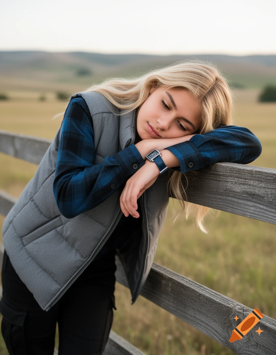 Photorealistic image of a blonde teenwoman in a grey vest and blue flannel, leaning on a wooden fence in a rural setting.
