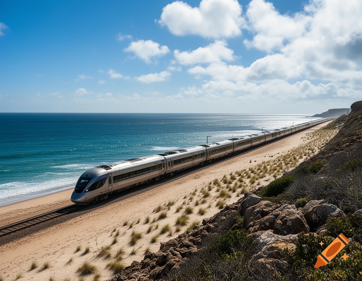 A modern silver train travels on tracks along a sandy beach next to a bright blue ocean under a sunny, partly cloudy sky.
