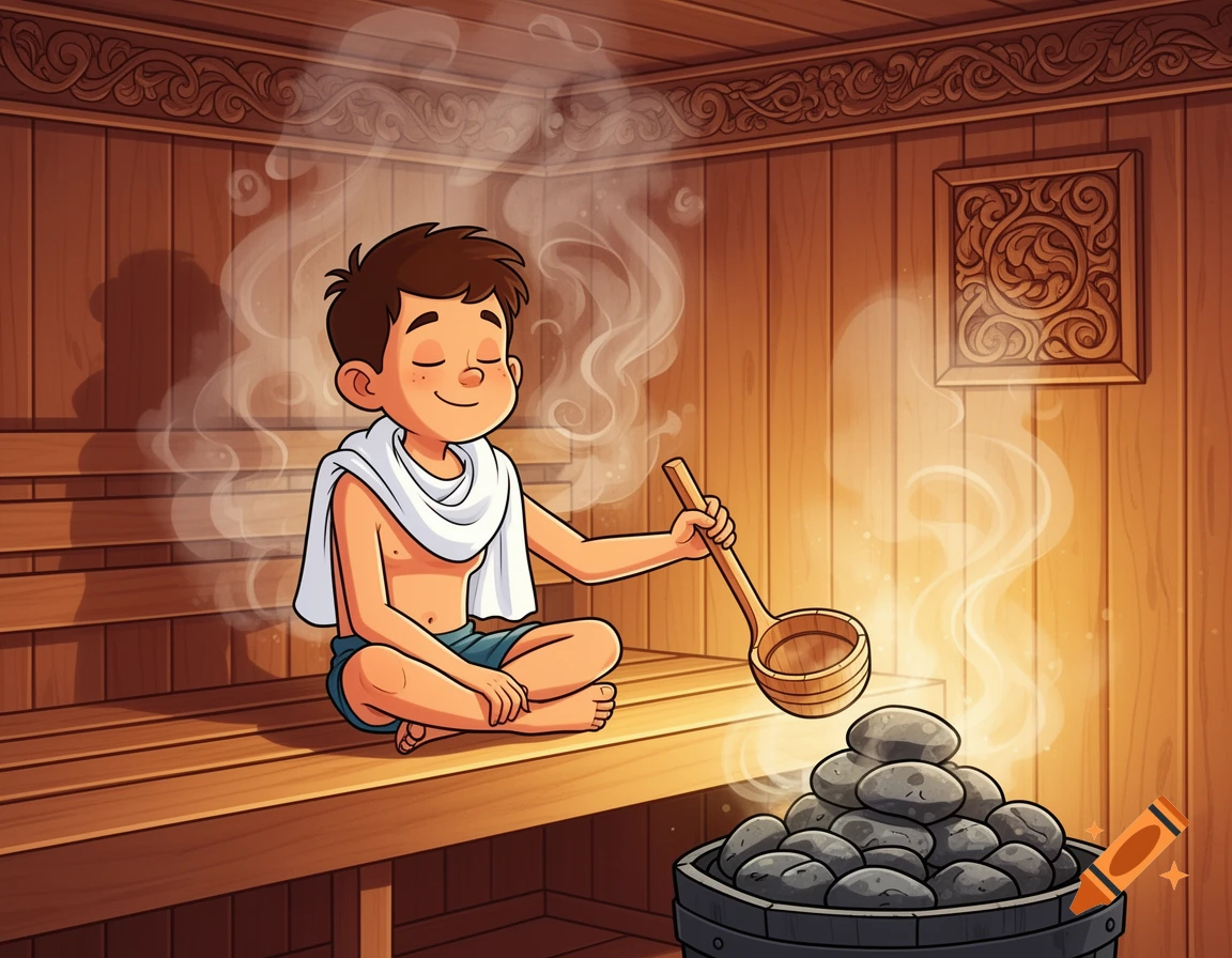 A happy cartoon boy sits cross-legged on a wooden bench in a steaming sauna, holding a ladle over hot rocks.