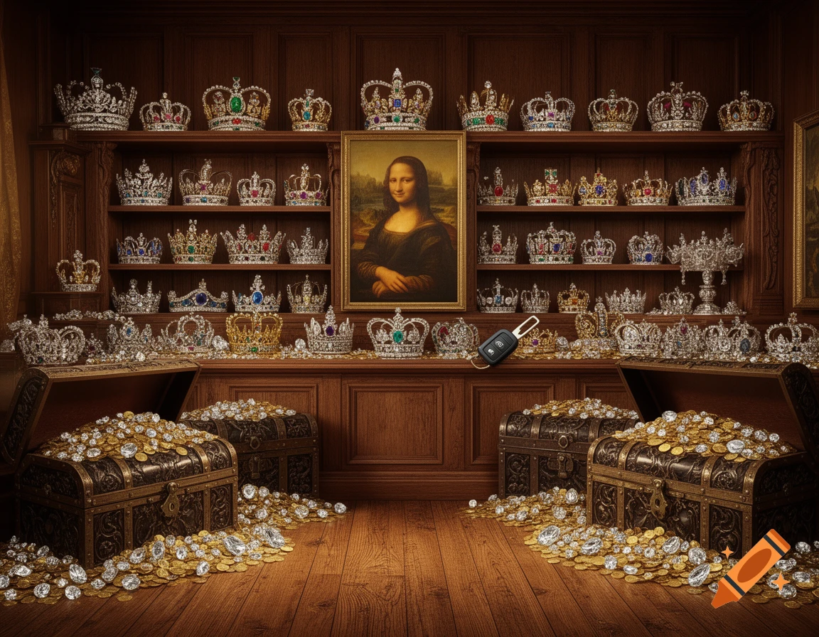 A luxurious wooden room featuring shelves adorned with jeweled crowns, the Mona Lisa painting, and open treasure chests overflowing with gold and diamonds.