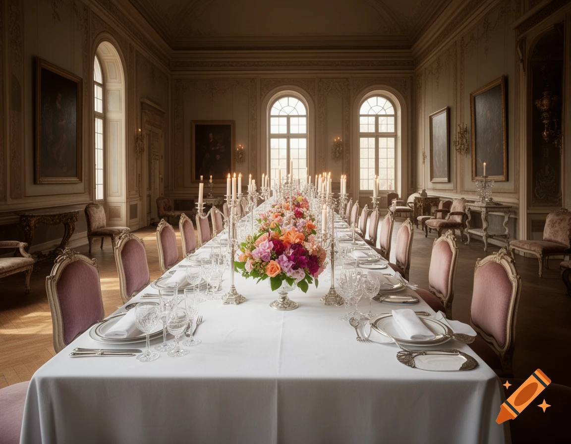 A grand dining room with a long white table set for a meal, featuring candelabras, floral centerpieces, and place settings. Tall arched windows and framed paintings adorn the walls of the elegant room.