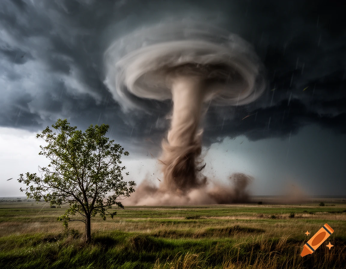 A powerful, wide tornado spins violently across a vast, grassy field under a dark, stormy sky, with a lone tree in the foreground.